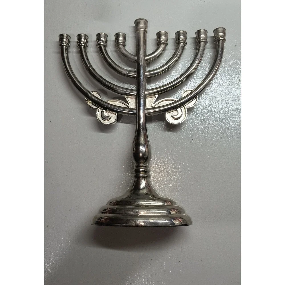 Silver Tone Hanukkah Menorah Star of David Turquoise Enamel Accents Holiday